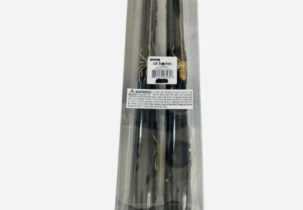 At Home 10 Inch Black Taper Candles with Gold Spider Set of 2 Halloween NIP